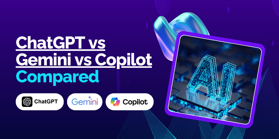 A comparison of ChatGPT, Gemini, and Copilot for developers, with a person using a laptop with code on the screen