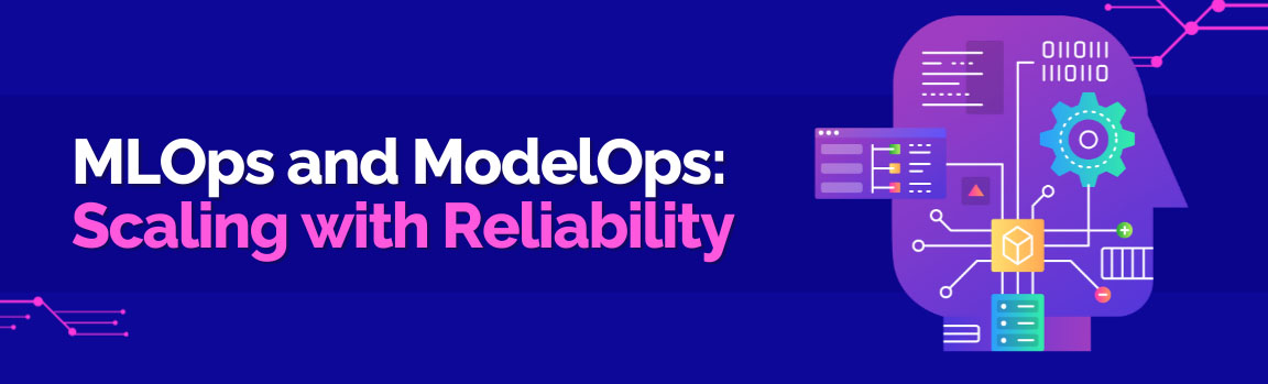 A profile of a head with a circuit board, titled "MLOps and ModelOps: Scaling with Reliability."