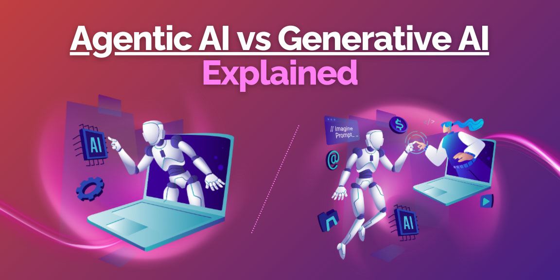 Agentic AI vs Generative AI, with an illustrated brain with different icons, representing the two types of AI.