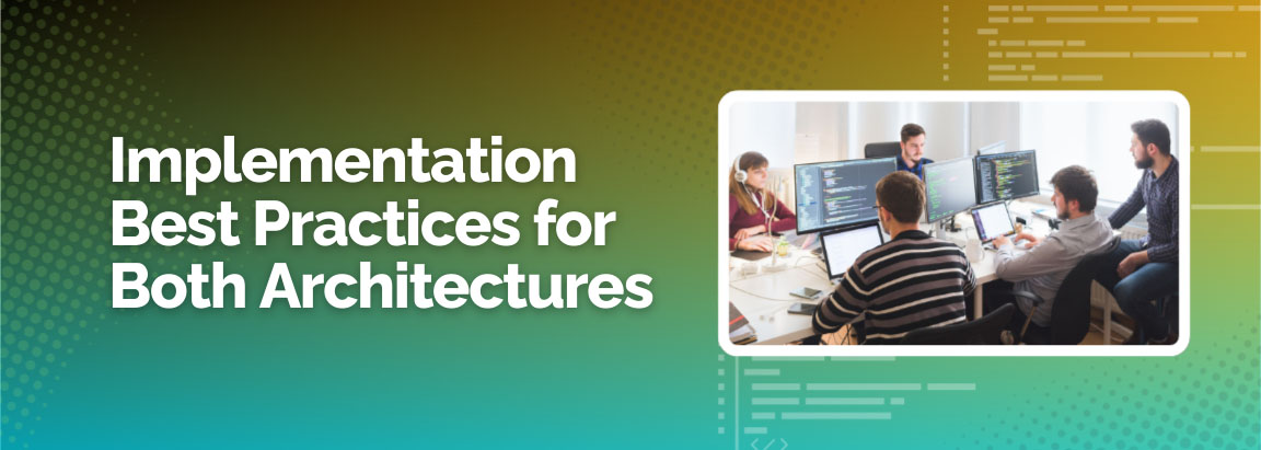 Key considerations for choosing between monolithic and microservices, with two developers discussing code.