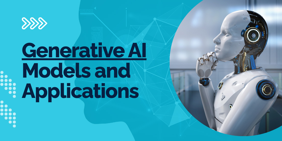 Generative AI models and applications main banner featuring a thoughtful humanoid robot.