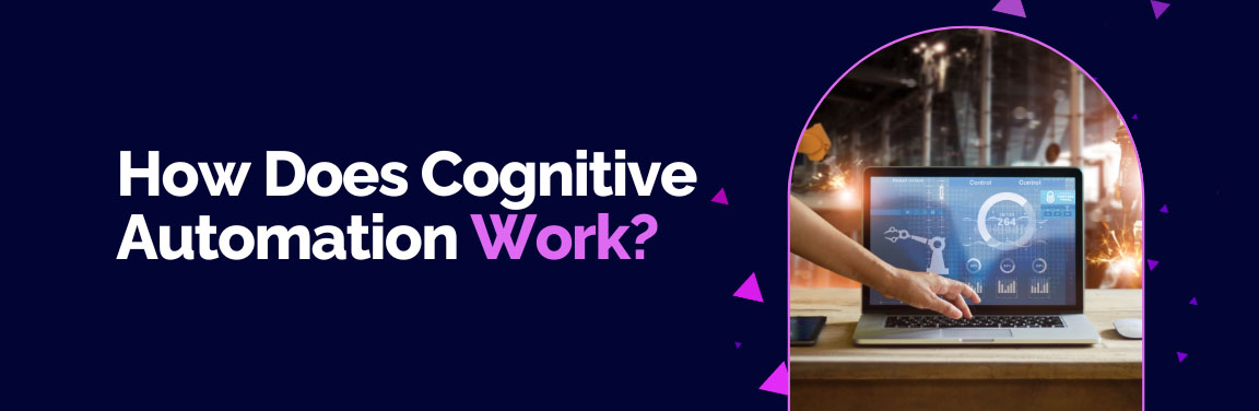 Section header: "How Does Cognitive Automation Work?" next to a hand interacting with a laptop displaying an automated robot arm dashboard.