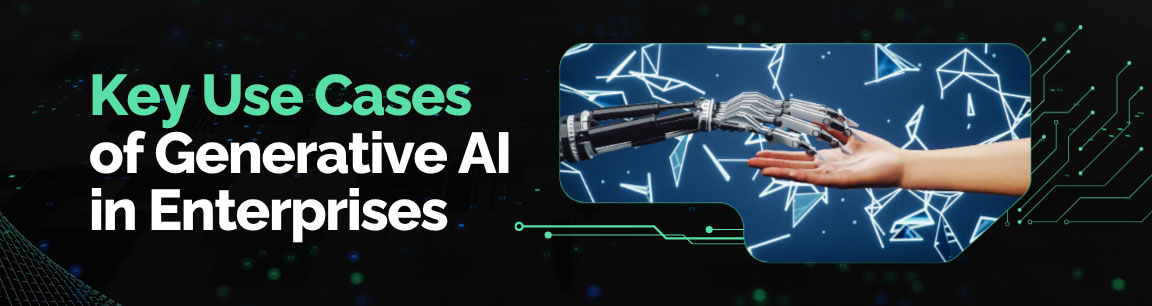 Key Use Cases of Generative AI in Enterprises banner with a human and robotic hand connecting.