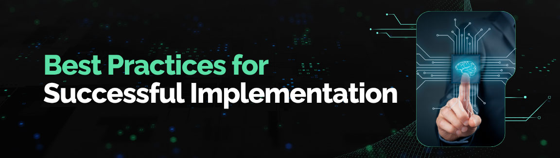 Best Practices for Successful Implementation of Generative AI banner with a finger touching an AI processor.