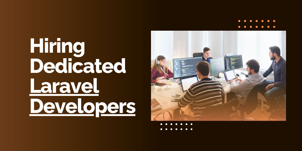 Hiring dedicated Laravel developers with a photo of a development team working in an office.