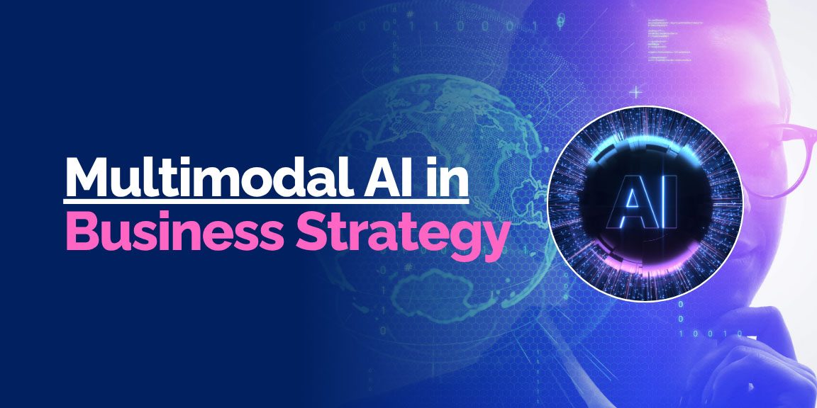Multimodal AI in Business Strategy blog banner showing a silhouette of a person and a glowing AI icon over a global network graphic.