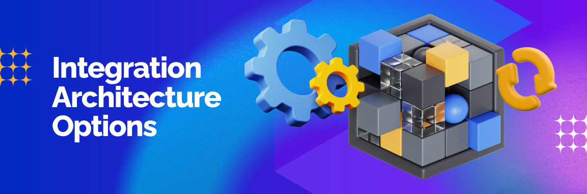 Integration Architecture Options for Salesforce to WooCommerce connection with gears and puzzle blocks.