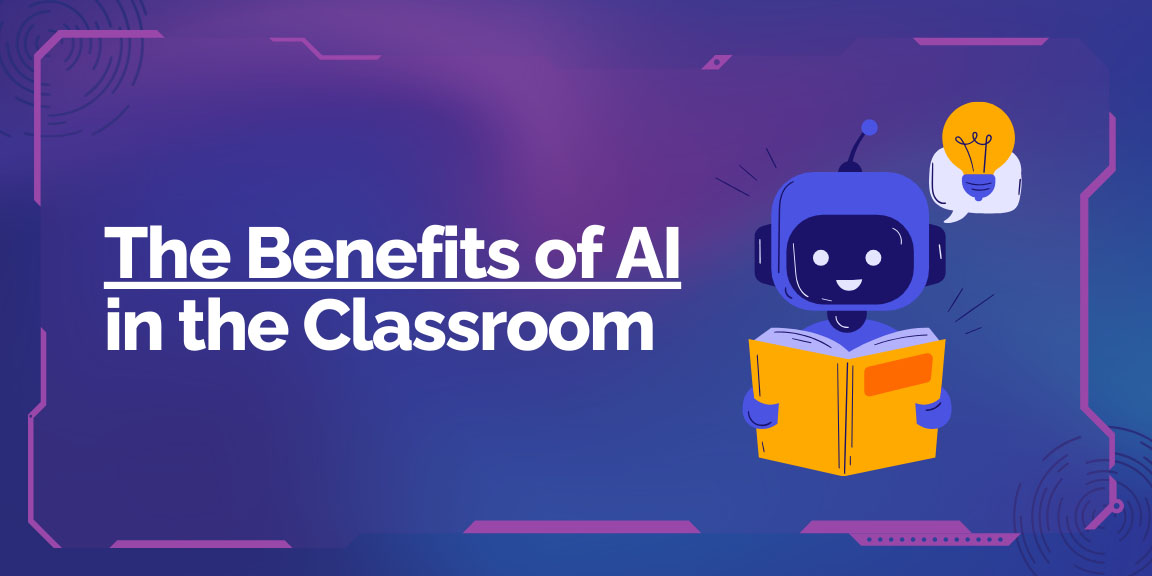 Banner illustrating the benefits of AI in the classroom with a friendly robot character reading a book.