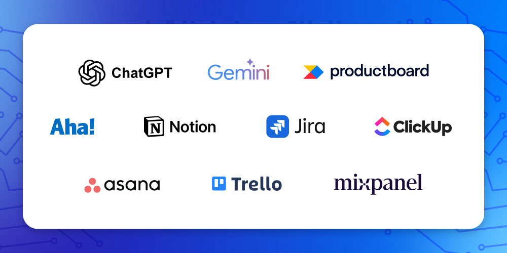 Logos of top Generative AI and Product Management tools including ChatGPT, Gemini, Jira, and Notion.
