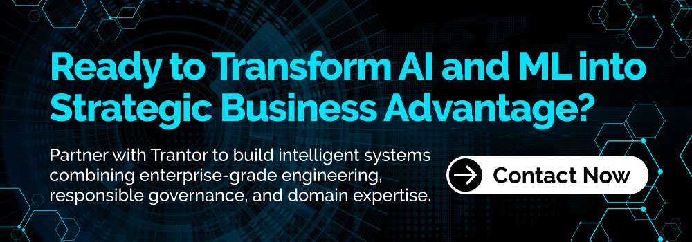 Banner showcasing AI and machine learning as strategic business advantages with enterprise AI solutions and contact call-to-action.