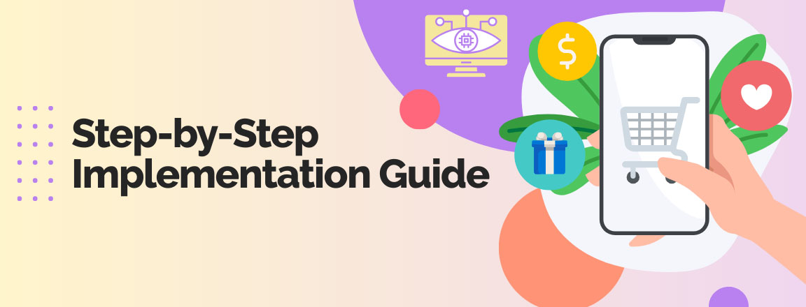 Step-by-step implementation guide for computer vision in retail with shopping and AI icons.
