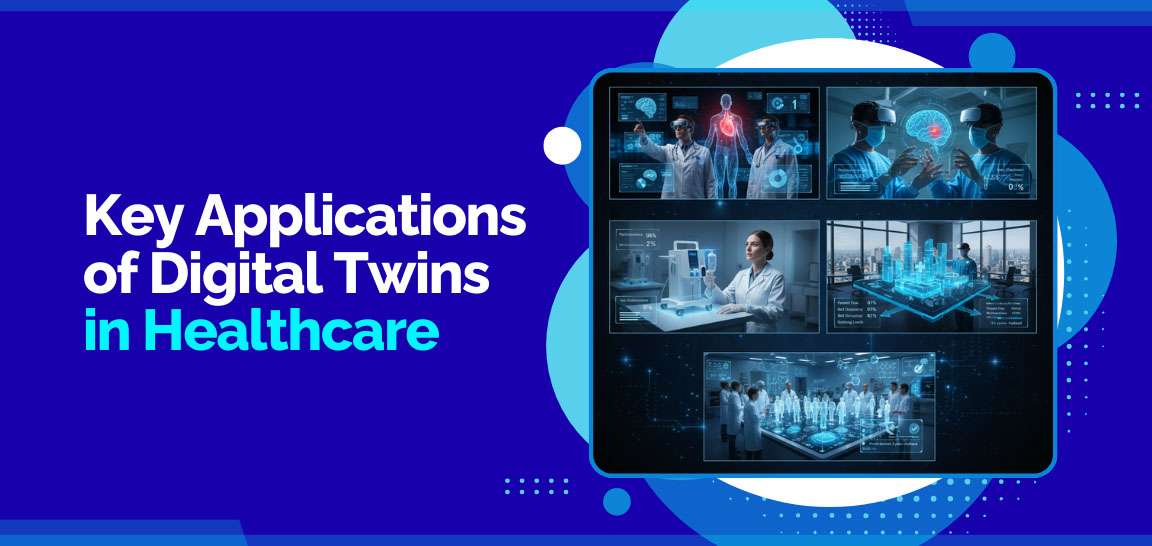 Key applications of digital twins in healthcare, including diagnostics, treatment planning, and predictive modeling.