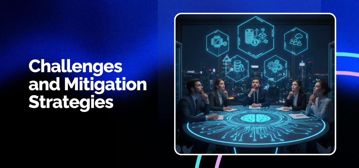 Business team evaluating Edge AI challenges and mitigation strategies using digital visualization tools.