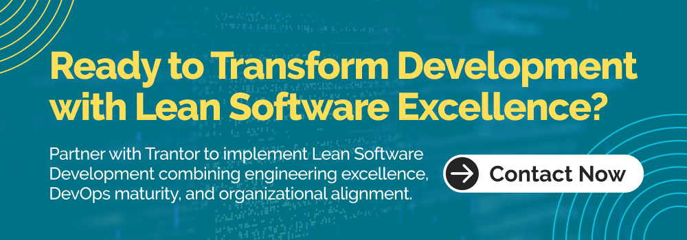 Banner promoting lean software development services with DevOps maturity, engineering excellence, and contact call-to-action.