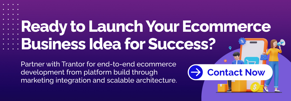 Banner promoting ecommerce business ideas with call-to-action and digital commerce illustrations