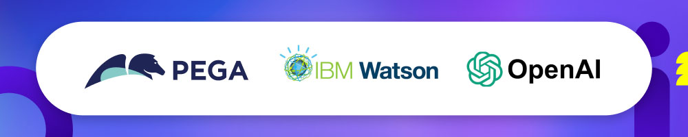 Pega, IBM Watson, and OpenAI logos representing AI-driven enterprise automation technologies.