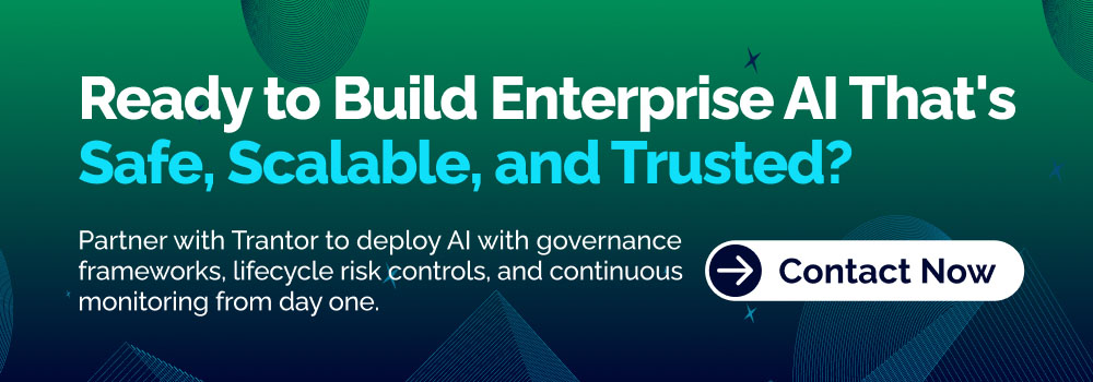 Enterprise AI risk management banner with call to action for safe, scalable, and trusted AI solutions