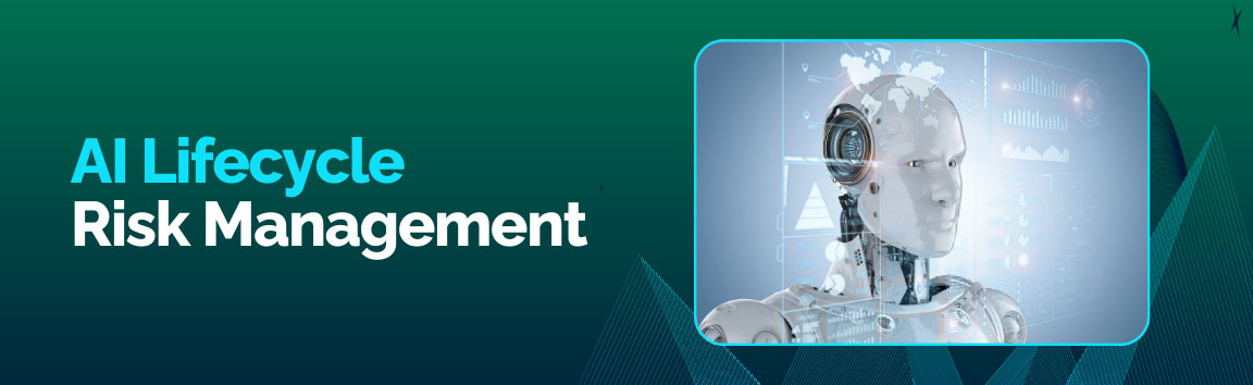 AI lifecycle risk management showing intelligent robot and data dashboard interface