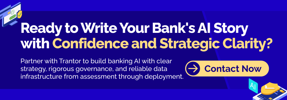 Banking AI strategy banner encouraging banks to build trusted AI solutions with governance and data-driven implementation