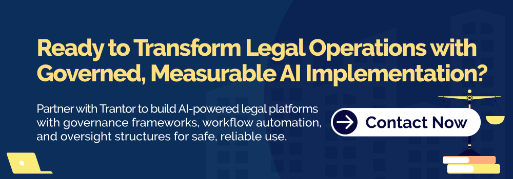 AI in legal operations banner highlighting governed AI implementation, legal automation, and compliance-driven workflows