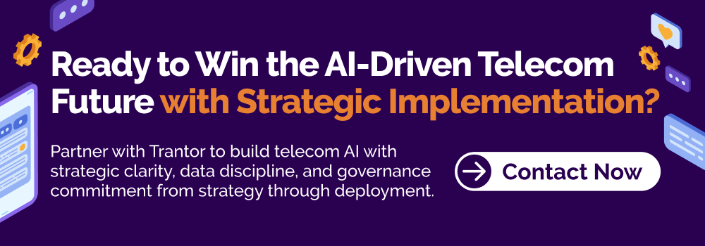 AI in telecom banner promoting strategic AI implementation for telecom networks with contact call-to-action
