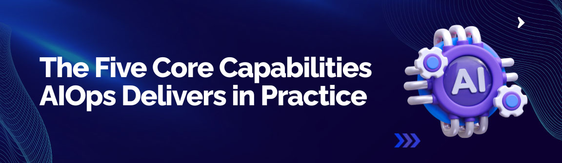 Core capabilities of AIOps including anomaly detection, root cause analysis, and predictive insights