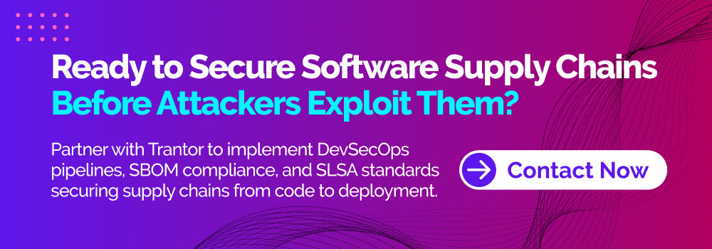 Software supply chain security banner highlighting DevSecOps pipelines, SBOM compliance, and SLSA standards for secure software delivery