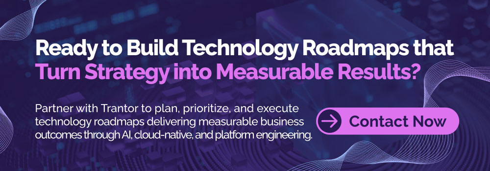 Technology roadmap for CTOs banner highlighting strategy execution, digital transformation, and measurable business outcomes