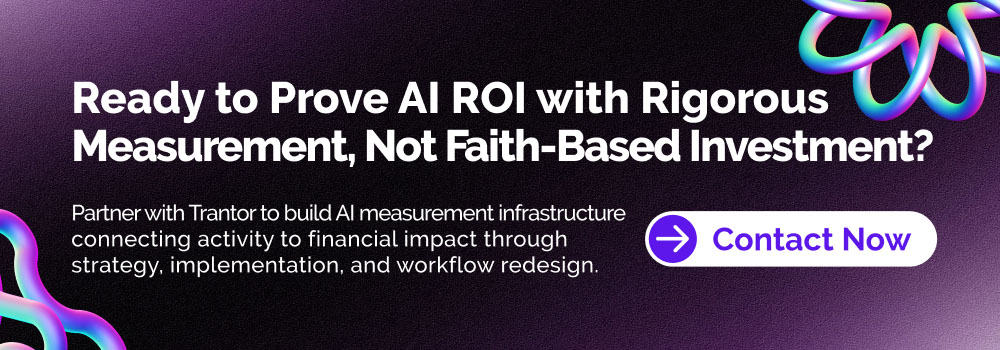 AI ROI measurement banner highlighting enterprise AI strategy, financial impact tracking, and workflow-driven ROI optimization