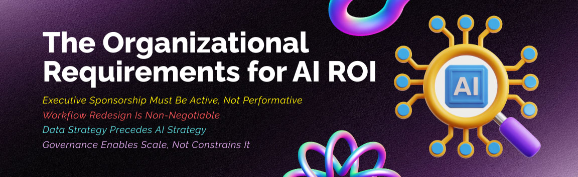 Organizational requirements for AI ROI including governance, data strategy, workflow redesign, and executive sponsorship
