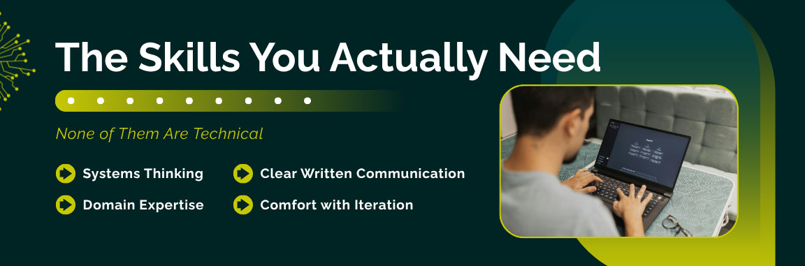 Skills required for AI agent development including systems thinking communication and domain expertise