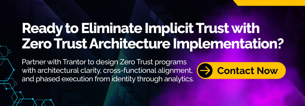Zero Trust architecture implementation banner highlighting identity-based security, least privilege access, and enterprise cybersecurity strategy