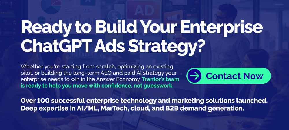 Enterprise ChatGPT Ads strategy call-to-action banner focused on AI powered advertising and Answer Engine Optimization