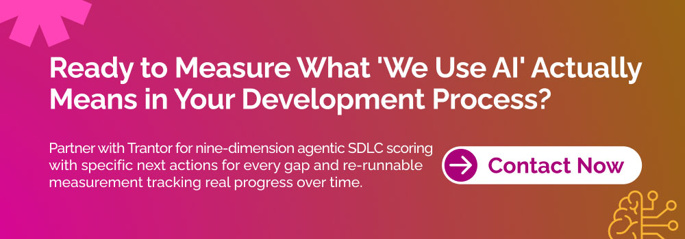 AI-assisted SDLC maturity CTA banner inviting businesses to partner with Trantor for agentic SDLC scoring and progress measurement